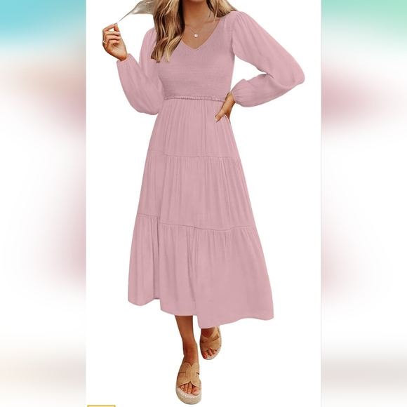 MEROKEETY Women's Long Sleeve Smocked V-neck High Waist Ruffle Tier Midi Dress - Picture 12 of 15